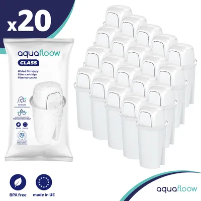 A package of Aquafloow water filter cartridges with a stack of individual cartridges in the background.
