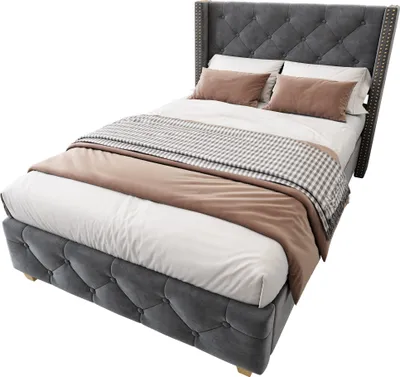 Produktbild von okwish Polsterbett 90×200 Einzelbett Jugendbett Kinderbett mit Lattenrost und Kopfteil, Knopfpolsterung,Nietenpolsterung aus Samt, Grau(ohne Matratze)