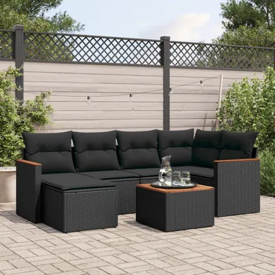 Image de vidaXL Ensemble de salon de jardin 7 pièces avec coussins noir poly rotin