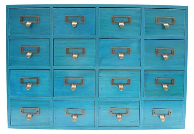 Immagine prodotto di Armadietto per farmaci - Mobiletto laterale con cassetti - 16 cassetti - Realizzato in legno e metallo - 50,5 x 9,5 x 35 cm - Blu