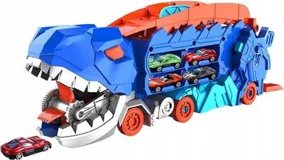Produktbild von Dinosaurier Transporter LKW | Spielzeug-Truck mit 12 Autos & Rennbahn | Fressfunktion & Tragegriff | 43 cm Blau
