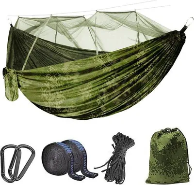 Produktbild von Famanu Campinghängematte mit Moskitonetz - 260 x 140 cm - ultraleicht - für 2 Personen - 300 kg Tragkraft - Camouflage