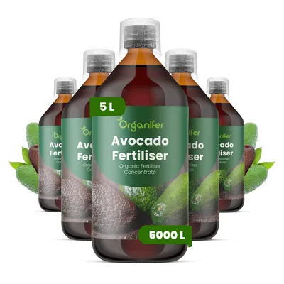 Obrázok produktu pre Tekuté hnojivo Avokádo, 5 x 1 liter – NPK 2-1-8 – Pre ovocné stromy – Pre silné stromy a zdravé listy – Podporuje rast koreňov a vitalitu – Organický produkt