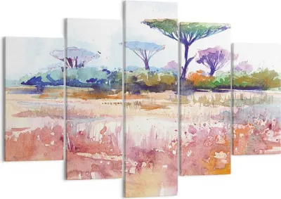 Produktbild von Bild auf Leinwand - Leinwandbild - 5 Teile - Aquarell Savanne Bäume - 150x100cm - Wand Bild - Wanddeko - Wandbilder - Leinwanddruck - Bilder - Wanddekoration - Leinwand bilder - EA150x100-4484