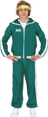 A person wearing a green tracksuit with white stripes and a yellow headband.