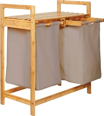 Obrázek produktu pro Lumaland bambusový koš na prádlo 2 výsuvné pytle na prádlo Sběrač prádla Skladování praktických látkových pytlů Bambusové dřevo 73 cm výška x 64 cm šířka x 33 cm hloubka
