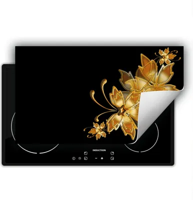 Produktbild von DarHaus Herdabdeckplatte 90x52 cm Anti Rutsch Matte Aufrollbar, schwarz - gold - Blumen