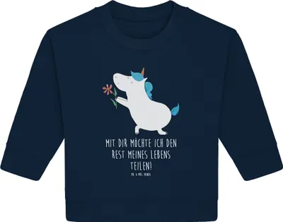 Produktbild von Mr. & Mrs. Panda Organic Baby Pullover Einhorn Blume 6. - 12. Monat - French Navy - Geschenk, Unicorn, Liebe, Bullover, Partner, Einhörner, Antrag