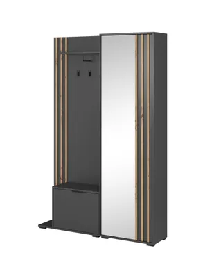 Produktbild von MOEBLO Flurgarderobe JOHN – Kompaktgarderobe ohne Sitzkissen, Dielenschrank mit Spiegel, Schuhschrank, Kleiderhaken und Regal für Flur und Diele 131x197x40 cm - Grau Artisan ohne Sitzkissen