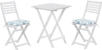 Produktbild von BELIANI Balkonset Weiß Akazienholz 2 Stühle 1 Teetisch 2 Auflagen im geometrischen Muster Gartenmöbelset