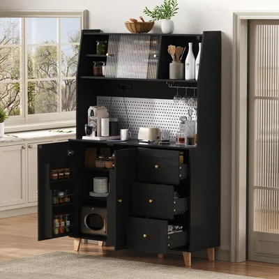 Produktbild von Flieks Küche Hochschrank mit Ladefunktion, Küchenbuffet Buffetschrank mit perforierter Platte, Küchen-Highboard mit Stauraum, 120x40x184cm, Schwarz