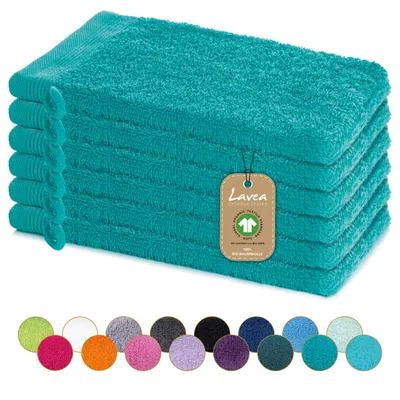 Produktbild von Lavea® 6er Set Waschhandschuh 16x22 cm, 100% Baumwolle, Waschlappen, saugstark, waschbar, strapazierfähig, Frottierserie Bali - Ozeanblau