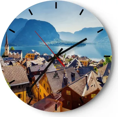 Produktbild von Wanduhr - Rund - Glasuhr - Berge See Wasser - 30x30cm - Schleichendes Uhrwerk - Lautlos - zum Aufhängen bereit - Dekoration Modern - Wanddekoration aus Glas - C3AR30x30-3955