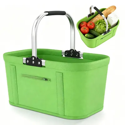 Produktbild von Einkaufskorb Faltbar 30L Groß Einkaufskorb Picknickkorb Tragekorb, Praktischer Klappkorb Einkaufstasche mit Aluminiumgestänge Tragegriffen, Familie Einkaufstasche für Camping Picknick(Grün) – Größe on