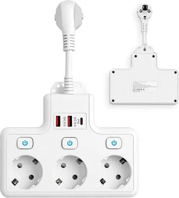 Zdjęcie produktu dla Przedłużacz z portami USB - listwa zasilająca - do ładowania urządzeń - 3 niezależne przełączniki - 4 gniazda - biały