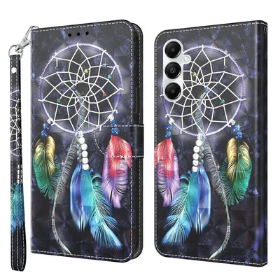 Produktbild von CLM-Tech Handyhülle kompatibel mit Samsung Galaxy A37 5G Hülle - Tasche aus Kunstleder - Klapphülle mit Ständer und Kartenfächern - Schutzhülle Wallet Case Cover Traumfänger schwarz bunt