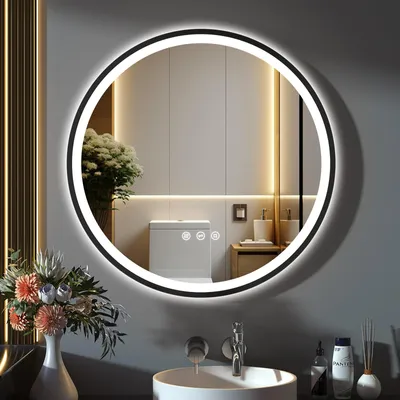 Produktbild von GIMBELEN LED-Badspiegel, rund, 80 cm, 3 Lichtfarben, dimmbar, Touch-Schalter, beschlagfrei, Schwarz
