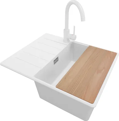 Produktbild von PRIMAGRAN Granitspüle Weiß 62x50cm, Spülbecken 1 Becken + Küchenarmatur 32x20cm + Ablauf-Set + Schneidebrett, Küchenspüle ab 45er Unterschrank - Kopenhagen