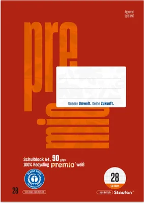 Produktbild von Staufen Premio Schulblock DIN A4, 50 Blatt, 90g/qm, Lineatur 28, 5 mm kariert mit Rand links und rechts, 4-Loch, rot