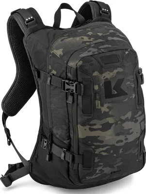 A black and multicam backpack shown from a front-diagonal view against a white background.