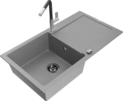 Produktbild von Mexen Leo 1 Becken-Granitspüle mit Abtropffläche und Mischbatterie Flora, Grau - 6501-71-670401-07-B