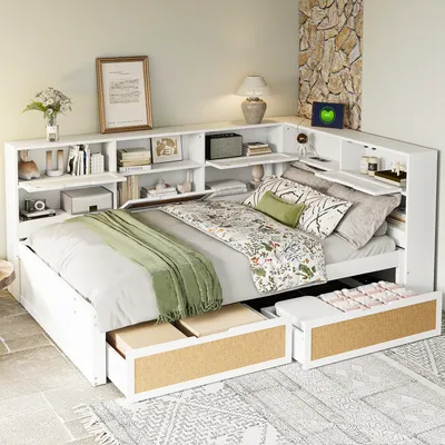 A white multifunctional bed with integrated shelving and storage drawers, set up in a bedroom with a lamp and decorative items.