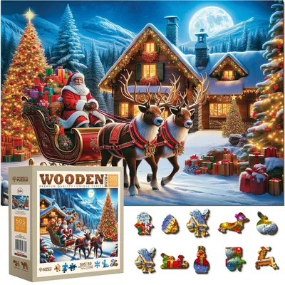Produktbild von Weihnachts-Puzzle – Holzpuzzle – 500 Teile – Schlitten des Weihnachtsmanns – 39,5 x 26,5 cm – Mittlerer Schwierigkeitsgrad