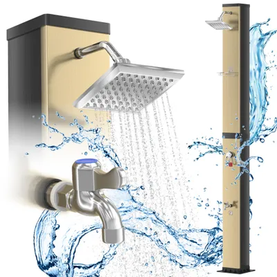 Image de Douche solaire compacte YARDIN, dorée et noire, facile à installer et résistante aux intempéries, pour une utilisation en extérieur