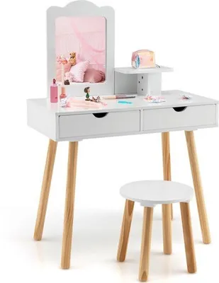 Image de Tableau d'enfant 2 en 1 : bureau et tabouret, avec miroir amovible et tiroirs
