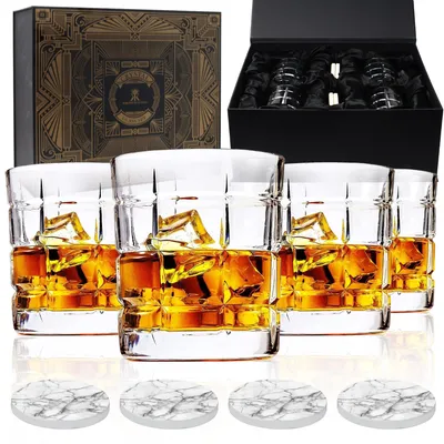 Whiskyglas-Set 4er-Pack, 310 ml, mit Geschenkbox & Untersetzern