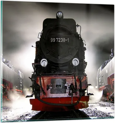 Produktbild von Bilder auf glas - Dampflokomotive Gleise Nebel - 70x70cm - Glasbilder - Wandbilder - Kunstdruck - zum Aufhängen bereit - Wanddekoration aus Glas - Glas Bilder - Wandbild auf Glas - GAC70x70-0281