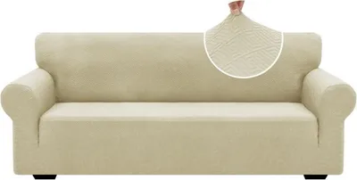Produktbild von 3-Sitzer-Sofabezug mit Armlehnen, universeller Stretch-Sofabezug, kratzfester Sofabezug, Hellbeige