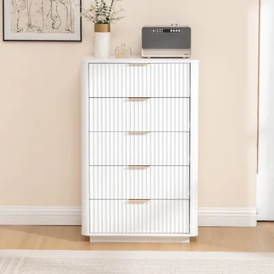 Image de Commode à 5 tiroirs - Blanche - Tiroirs à fermeture en douceur avec poignées métalliques - Dispositif anti-basculement et coins arrondis