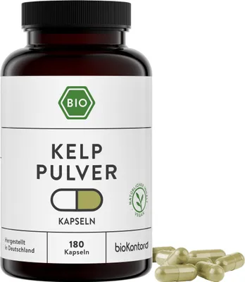 Produktbild von Kelp Kapseln | 180 Kelppulver Kapseln | 600 mg je 2-Tagedosis | vegan und ohne Zusätze | bioKontor