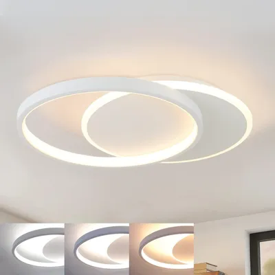 Image de ZMH Plafonnier LED Variable avec télécommande Blanc Plafonnier 35W Moderne Plat avec 2 anneaux ronds pour salon chambre cuisine chambre couloir salle à manger