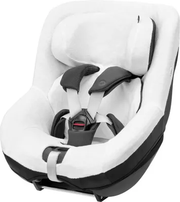 A car seat cover with a harness system.