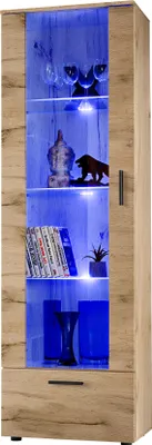 A tall, narrow cabinet with glass doors and shelves illuminated by blue LED lights.