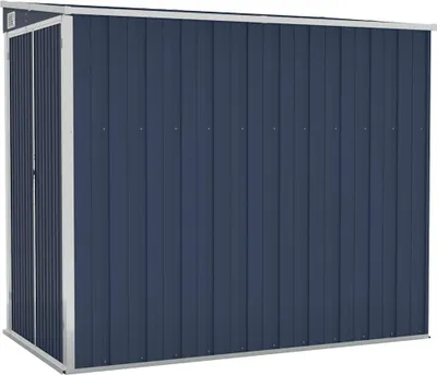 A dark blue metal shed with silver trim.