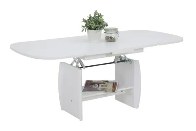 A white coffee table with a plant and a jar on top, shown against a white background.