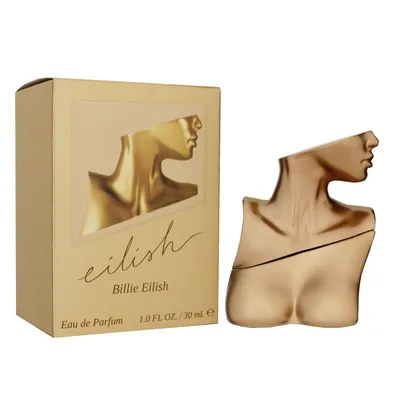 A gold-colored perfume bottle and its packaging are displayed against a white background.