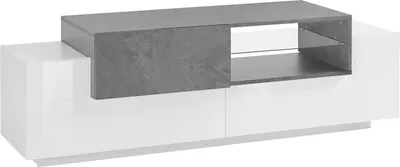 Produktbild von Fernsehschrank Dlodrin, Niedriges Sideboard für Wohnzimmer, Sockel für TV-Möbel, 100 %  Italy, cm 160x45h51, glänzend weiß und zementgrau