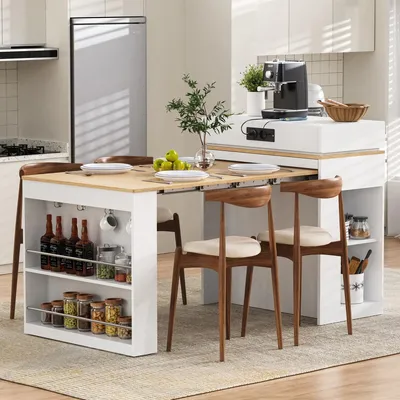 Produktbild von Kücheninsel mit Rollen ausziehbarer Esstisch mit faltbarer Tischplatte Bartisch mit Steckdosenleisten und Haken als Sideboard Weiß