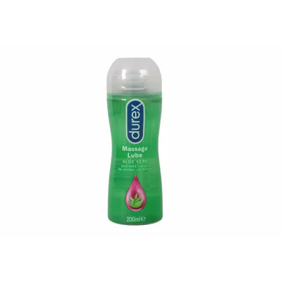 A bottle of Durex massage lube with aloe vera.