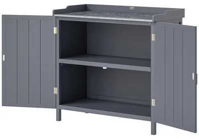 Produktbild von Freistehender Gartenschrank, 2-in-1-Pflanztisch mit Doppeltš¹r, Ablage, verzinkte Metallplatte šC grau