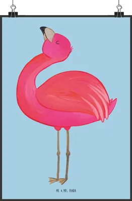 Produktbild von Mr. & Mrs. Panda Bild Flamingo Stolz DIN A2 - Blau Pastell - Geschenk, wanddeko, kunstdruck poster, Freundin, drucke, Rosa, Zufrieden, Wandbild