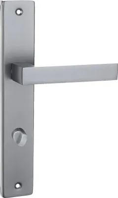A silver-colored door handle set mounted on a white background.