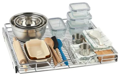 Obrázek produktu pro Vytáhnutelné organizéry do zásuvek, chromovaný drátěný rám, rozměry 55,88 x 53,34 cm, vhodné do kuchyňských skříněk