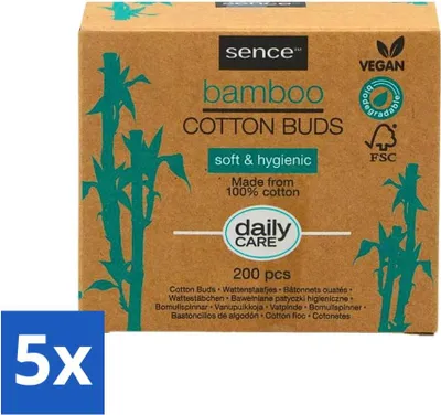 Obrázok produktu pre Sence - Bambus - Vatové tyčinky - Biologicky rozložiteľné a vegánske - 200 vatových tyčiniek - Hodnotné balenie - 5 kusov