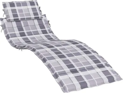 A chaise lounge cushion with a gray and white plaid pattern, shown on a white background.