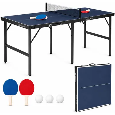 Produktbild von Theo&Cleo Mini Tischtennisplatte klappbar 76 cm, mit 2 Ballhaltern, Netz, 2 Schlägern und 3 Bällen, Indoor & Outdoor